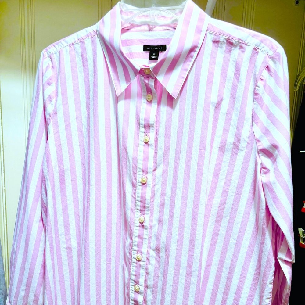 Ann Taylor Striped Relaxed Perfect Shirt, lavendar pink and white Petite Large